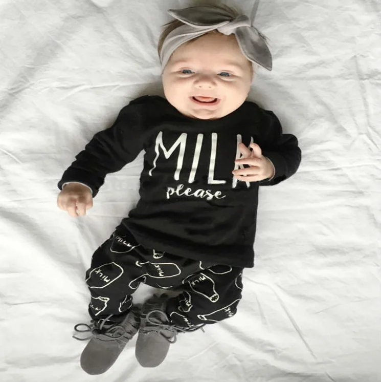 

0-24M Newborn Baby Boy Clothing Set Spring/Autumn Baby Girl Clothes Unisex Black Cotton Long-Sleeved Milk Please T-Shirt+Pants