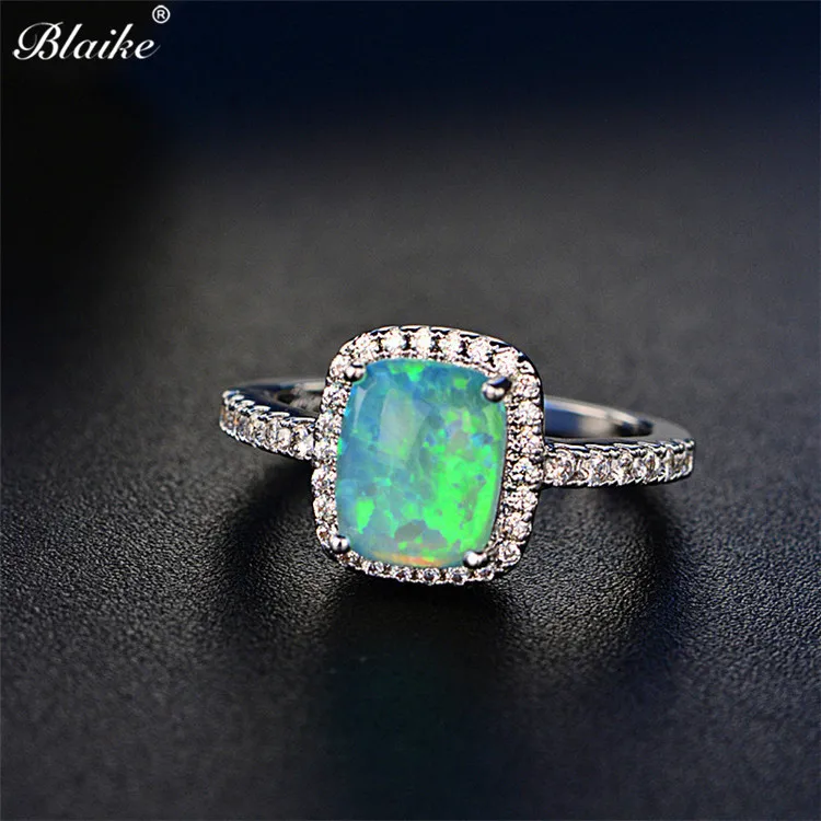 Blaike Мистик огненный опал синий/белый/фиолетовый/кольцо с зеленым камнем для женщин 925 пробы заполненный серебром разноцветный камень кольцо подарок - Цвет основного камня: Green Opal Ring