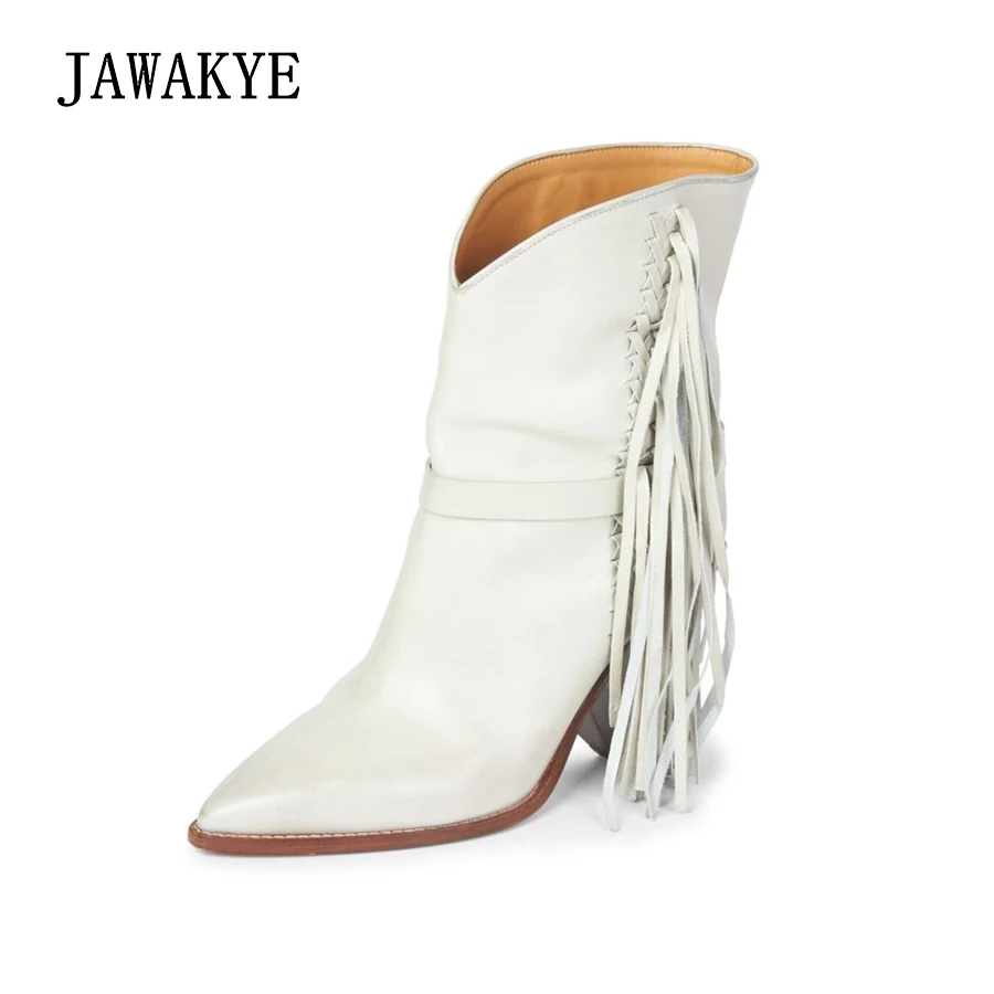 JAWAKYE/ботильоны с кисточками на высоком каблуке; женские белые ботинки с бахромой зимние ботинки с острым носком; женские ботинки на танкетке с каблуком-шпилькой - Цвет: white