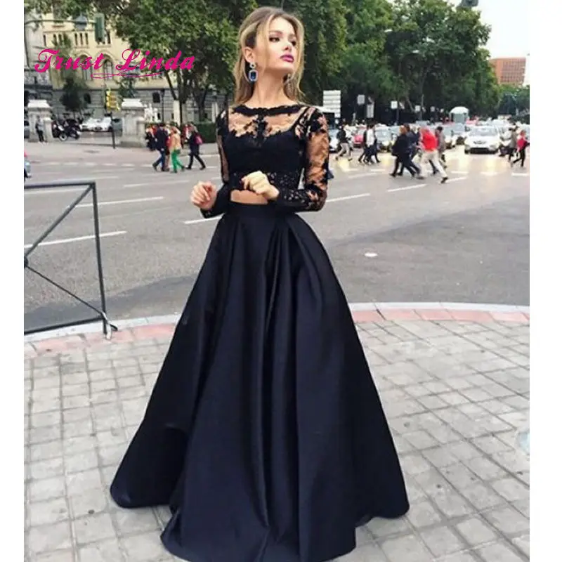 

Two Piece Prom Dresses 2018 Long Illusion Neck Long Sleeves Party Dresses For Wedding Vestido Longo De Festa Para Casamento