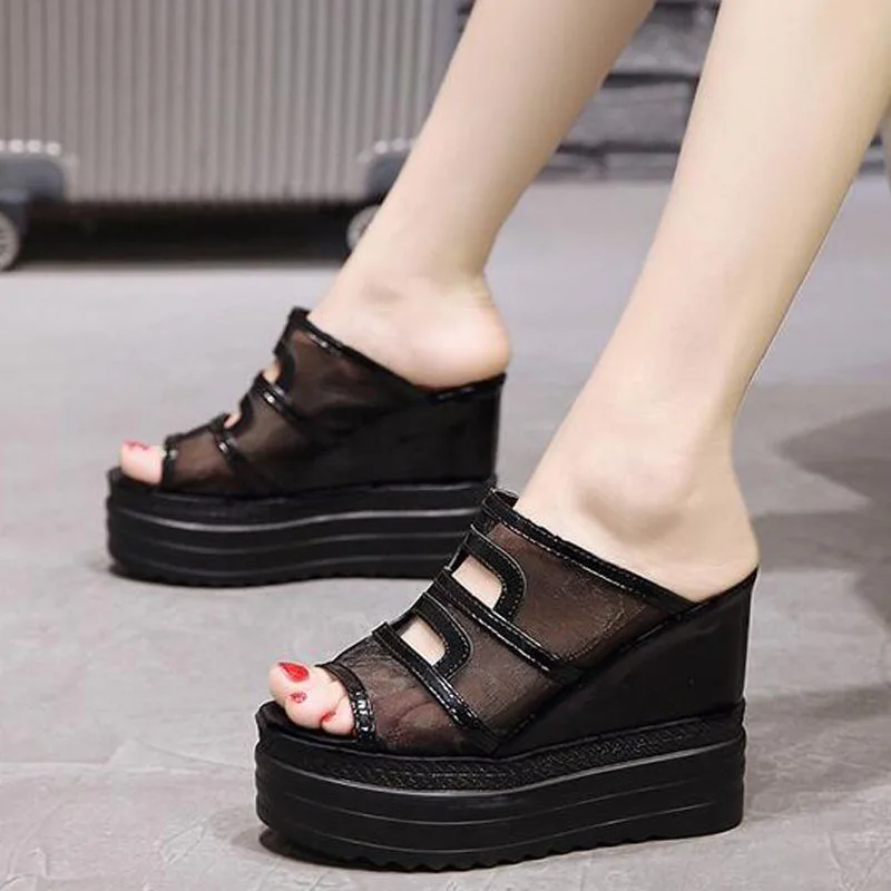 Summer Women / Ladies Outside Shoes Basic Wedge Slipper Flip Flop Sandals Girl Mesh Platform High Heels Slippers LC-92