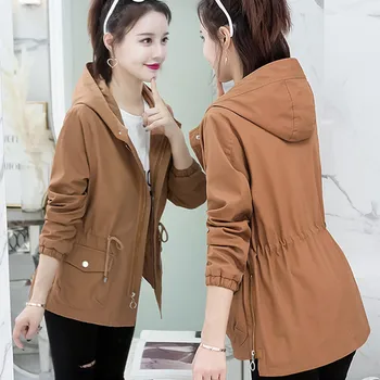 

New 2019 Women Trench Coat Spring Autumn Casual Slim Hooded Windbreaker Solid Color Drawstring Zipper Female Cotton Coat LQ81