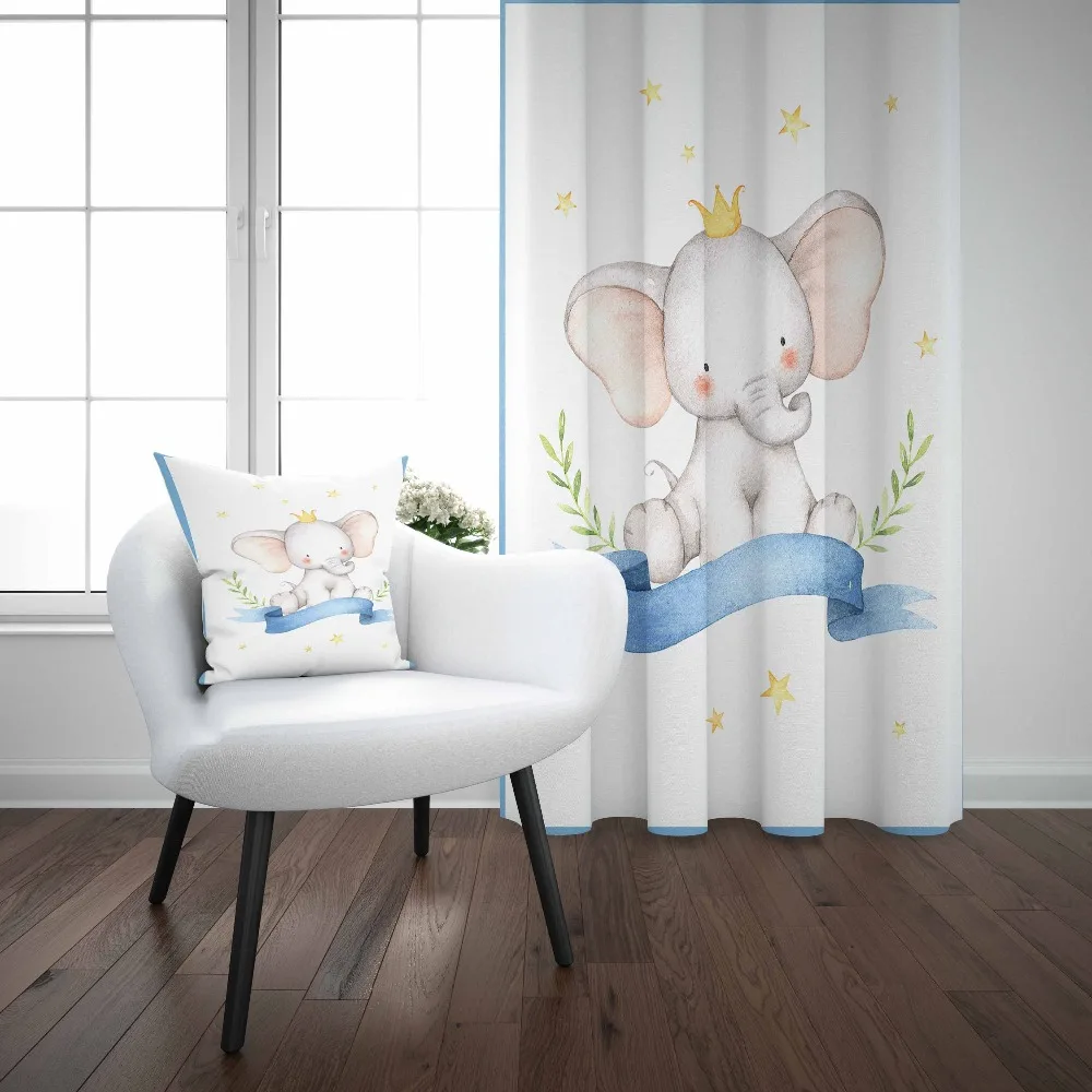 Фото Else Blue Stripes Frame Crown of a King Elephants 3d Kids Print Baby Children Window Panel Set Curtain Combine Gift Pillow Case | Дом и сад