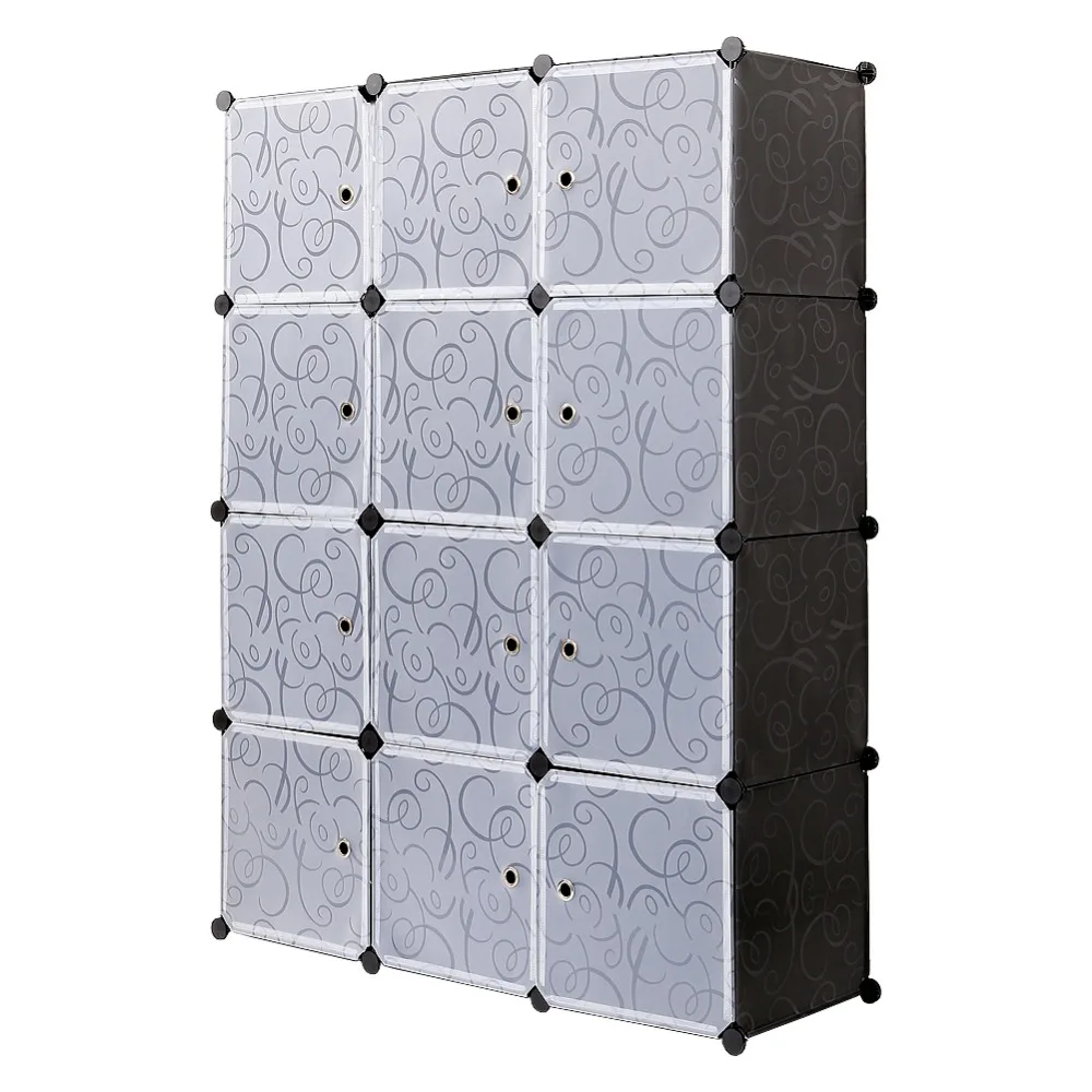 

Plastic Wardrobe Cabinet Storage 12 Cube Interlocking For Clothes Translucent Bedroom Furniture Decorative Patterns S15