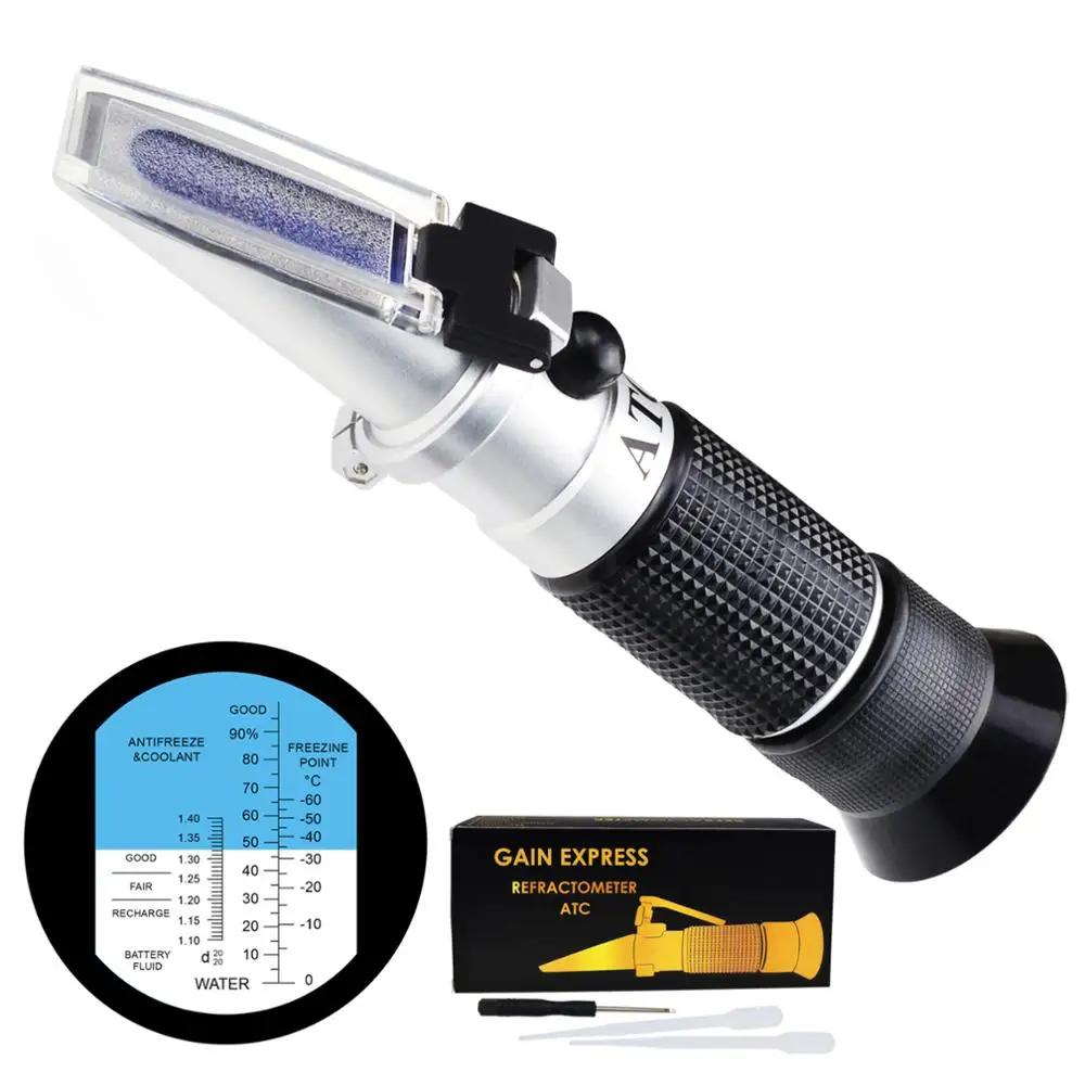 

Automotive Refractometer, Ethylene glycol: -60~0°C and 0~100%, Battery Fluid 1.10~1.40kg/l Lightweight Non-slip Rubberized Grip