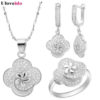 

Silver Cubic Zirconia Rose Gold/Silver Elegant Flower Micro Pave Crystal Women Engagement Jewelry Gift Set