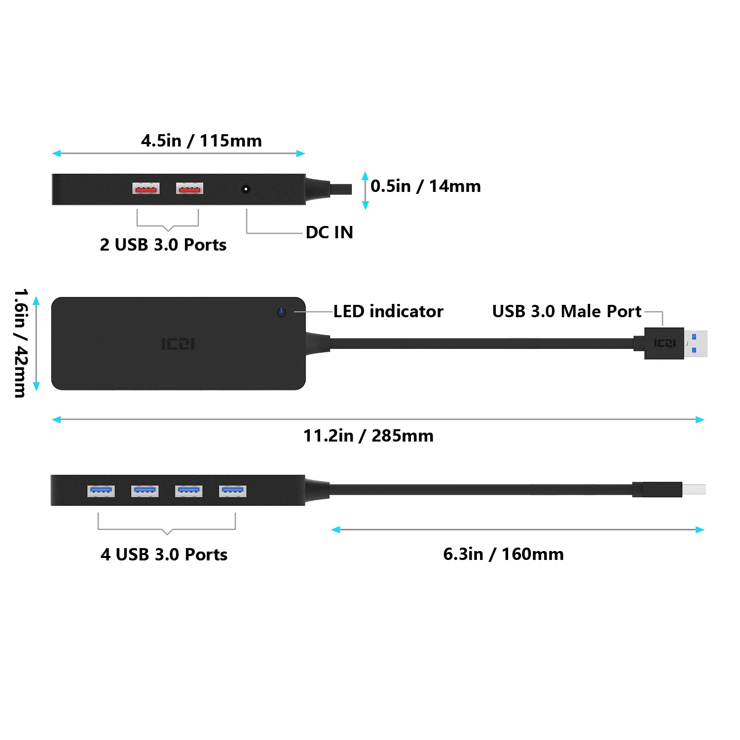 ICZI 6 Порты USB Hub ультратонкие 4 3,0 с 2 * быстрой зарядки для школы, больницы для Surface Pro ноутбук конвертер