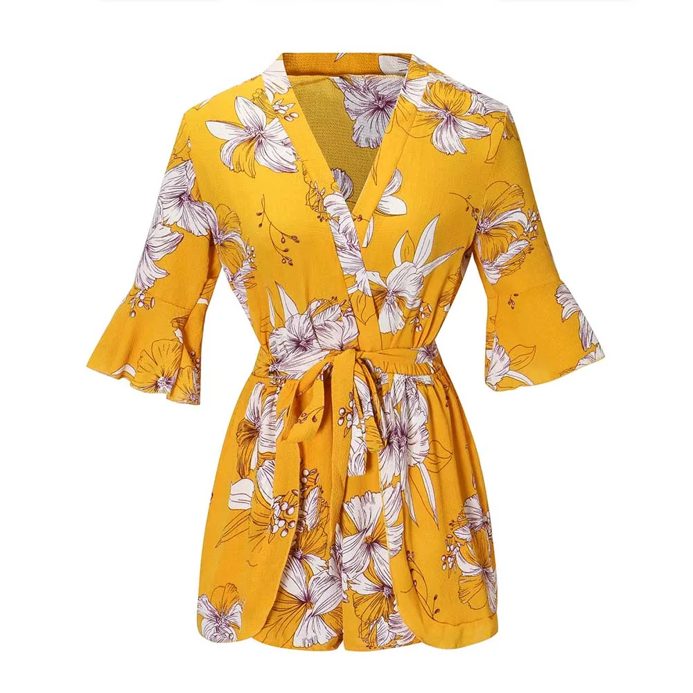 

New chic fashion women bohemian style flower printed playsuits female summer beach jumpsuits