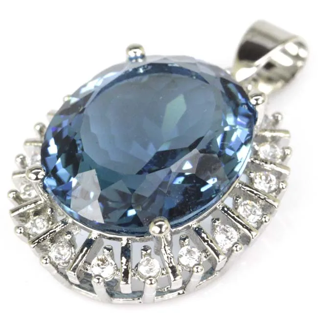 Shecrown Top Aaa 18X15Mm Oval London Blue Topaz White Cz Silver Pendant 28X20Mm huismerk kopen in de aanbieding