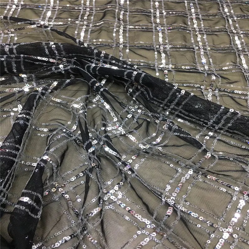 

HFX African Sequin Glitter Tulle Lace Fabric French Mesh Embroidery Fabric Sequence Nigerian Lace Fabrics For Wedding X1111-1