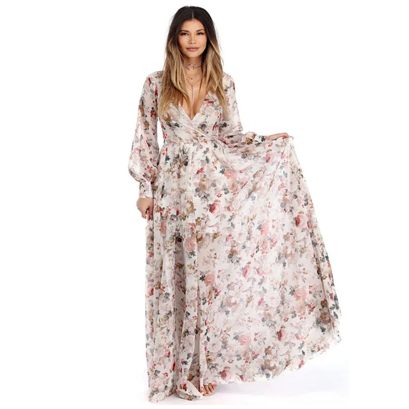 Womens Boho Style Floral Print Splits Long Dress Ladies Casual Short Sleeve V Neck Chiffon White Summer Dresses 2018 40SP27 1 - 