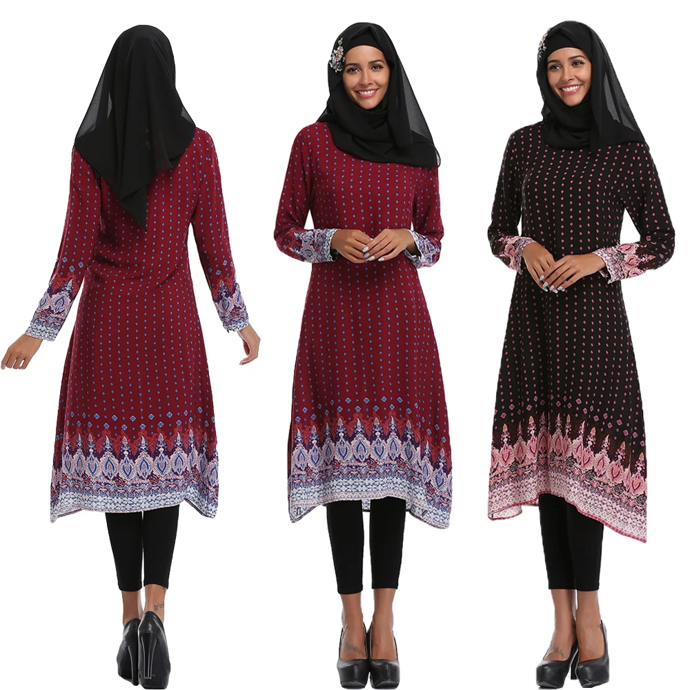 

Muslim Dress New Womens Fashion Short Style Dress Long Sleeve Printing Flower Ladies Casual Loose Islamic Arab Maxi Clothing