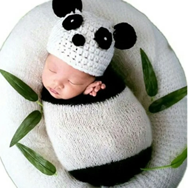 

mylb Crochet Newborn Sleeping Bag Baby Photography Wraps Photo Props Knit Cute Baby Panda Hat Infant Panda Animal Outfit Gift