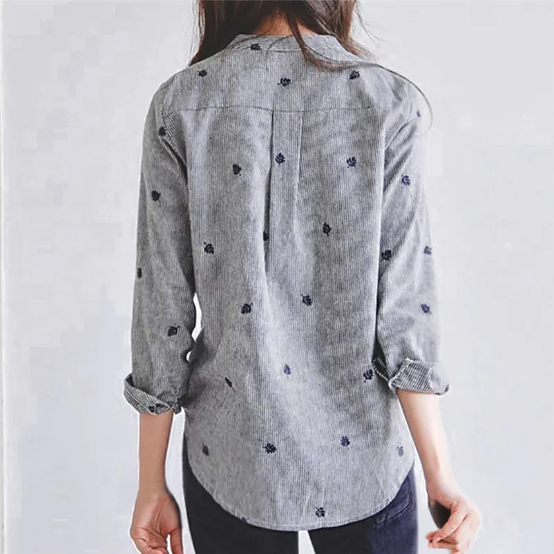 Fashion womens tops and blouses summer Autumn 2018 Linen Striped Stand Collar Embroidery Long Sleeve Shirt camicette Y30#N  (1)