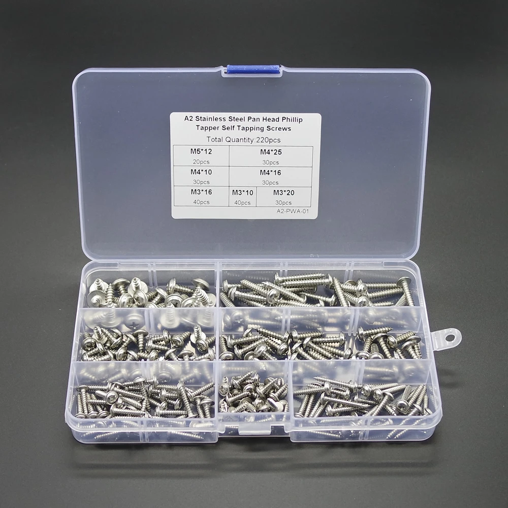 

220pc M3 M4 M5 304 Stainless Steel Pan Head Cross Tapper Self Tapping Screws