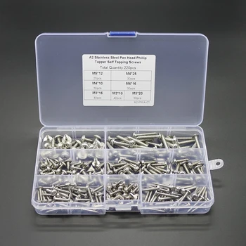 

220pc M3 M4 M5 304 Stainless Steel Pan Head Cross Tapper Self Tapping Screws