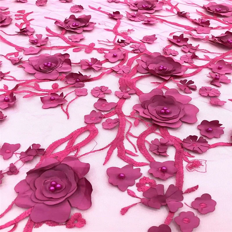 

Latest Embroidered Nigerian Laces Fabrics High Quality Tulle Pink Laces African Lace Fabric 3D Flowers With Beaded X1007-1