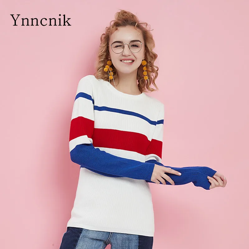 Ynncnik 2018 новый пуловер женский полосатый вязаный джемпер с длинным рукавом осень