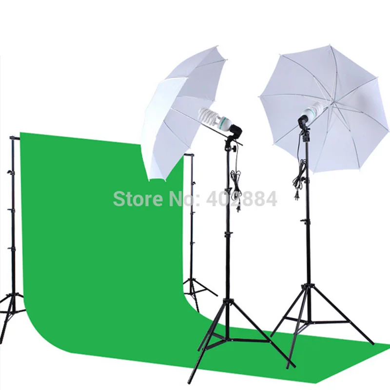 

3x6M Green Cotton Muslin Backdrop 2.6x3M Background Support 33" Soft Umbrella 150W 5500K Bulb E27 Lamp Holder Photography Kit
