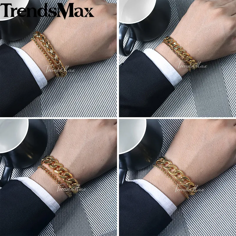 Trendsmax, полированный мужской браслет, Двойная Цепочка, пшеница, Снаряженная, кубинское звено, браслет из нержавеющей стали, серебряный, золотой цвет, 20 см, KDBM01