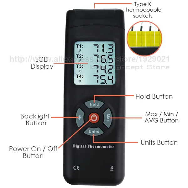 4 канальный цифровой термопары K-Тип термометр с Подсветка K-Тип металл и бисера зонд Температура инструмент