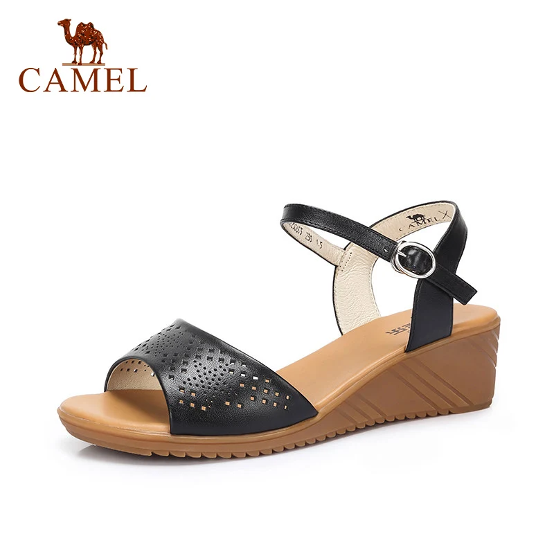 

CAMEL Women New Beach Sandals Ladies Buckle Genuine Leather Casual Sandals Women Comfort Wedges Med Heel Expose Toe Mom Shoes