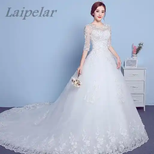 Vintage Long Sleeve Wedding Gowns Lace Appliqued Backless Bridal