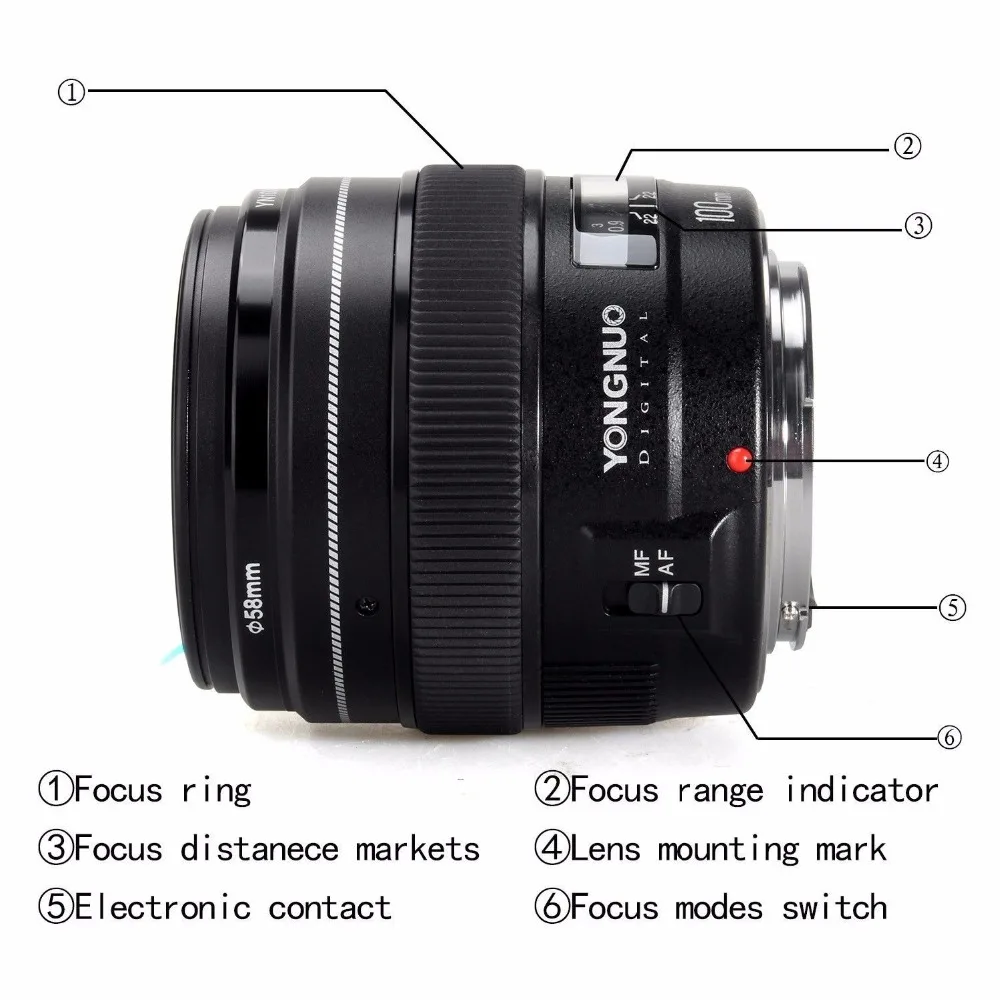  YONGNUO YN100mm 100mm F2 Large Aperture AF/MF Medium Telephoto Prime Lens Fixed Focus Lens for Cano