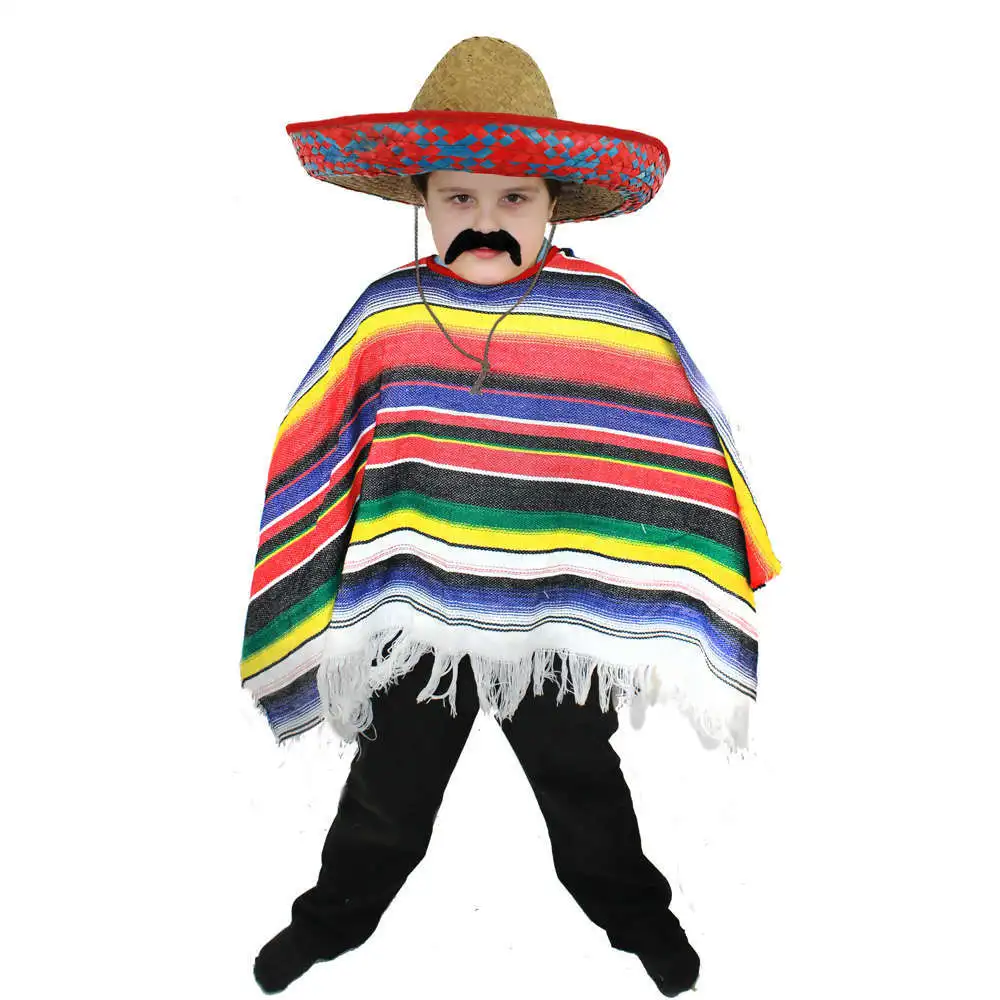 

CHILD MEXICAN PONCHO QUALITY WILD WESTERN BANDIT COSTUME SOMBRERO STRAW HAT BOYS FANCY DRESS KIDS OUTFIT PARTY HALLOWEEN COSTUME