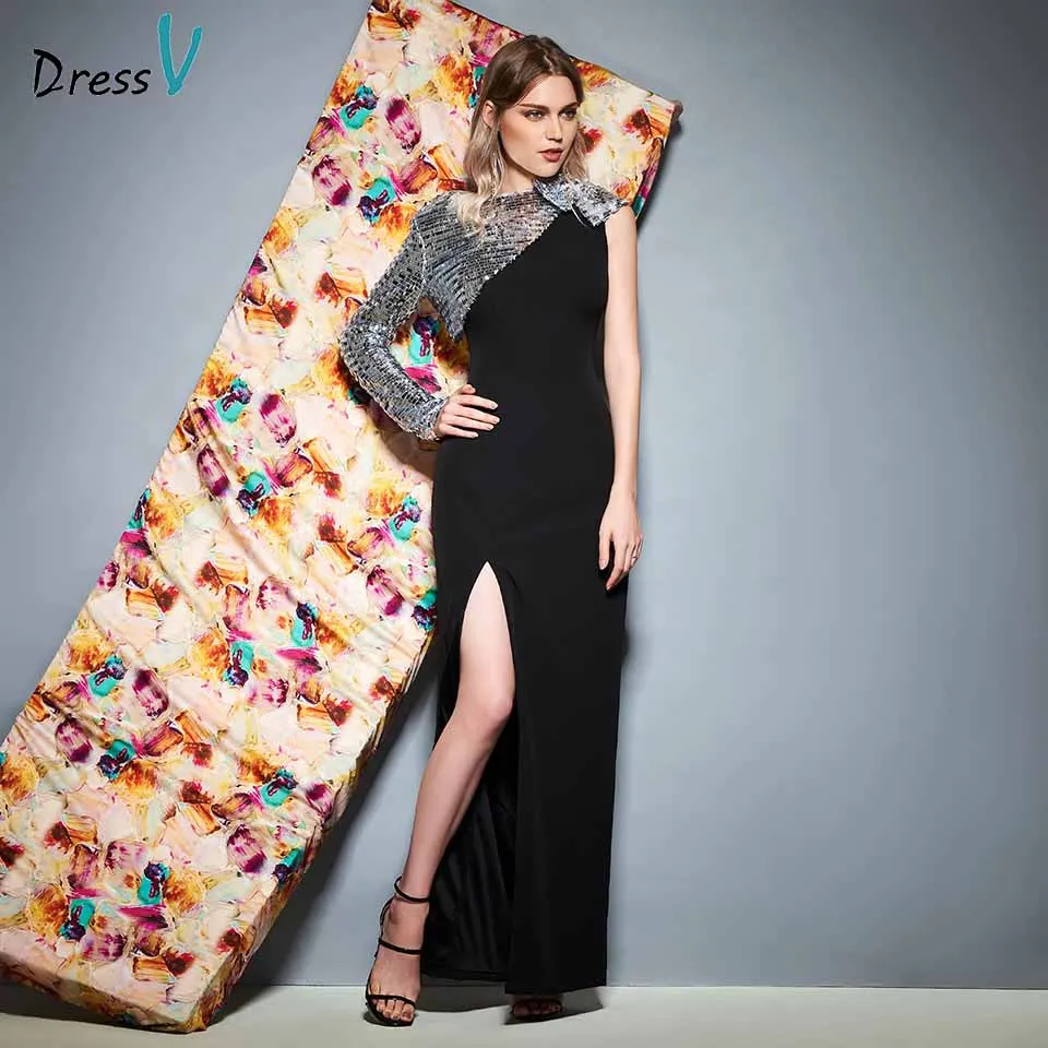 

Dressv black evening dress one shoulder long sleeves sequins floor length sheath wedding party formal dress evening dresses