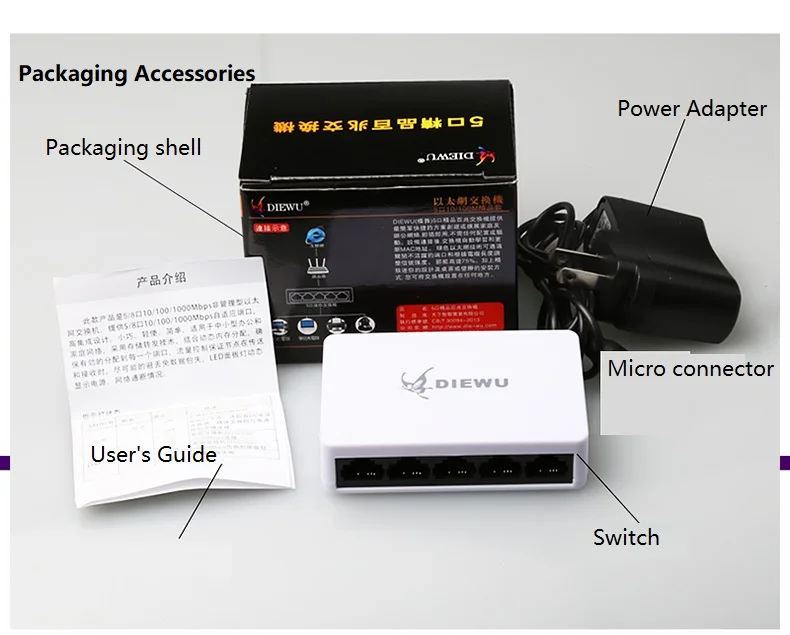 DIEWU 10/100 Мбит/с 5 портов Блок питания Micro USB Fast Ethernet LAN RJ45 сетевой коммутатор концентратор Поддержка power Bank ноутбук мобильный телефон