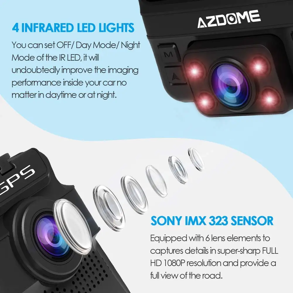  AZDOME GS65H Dash Cam Original Mini Dual Lens Car DVR Novatek 96655 Full HD 1080P Car Camera Night 
