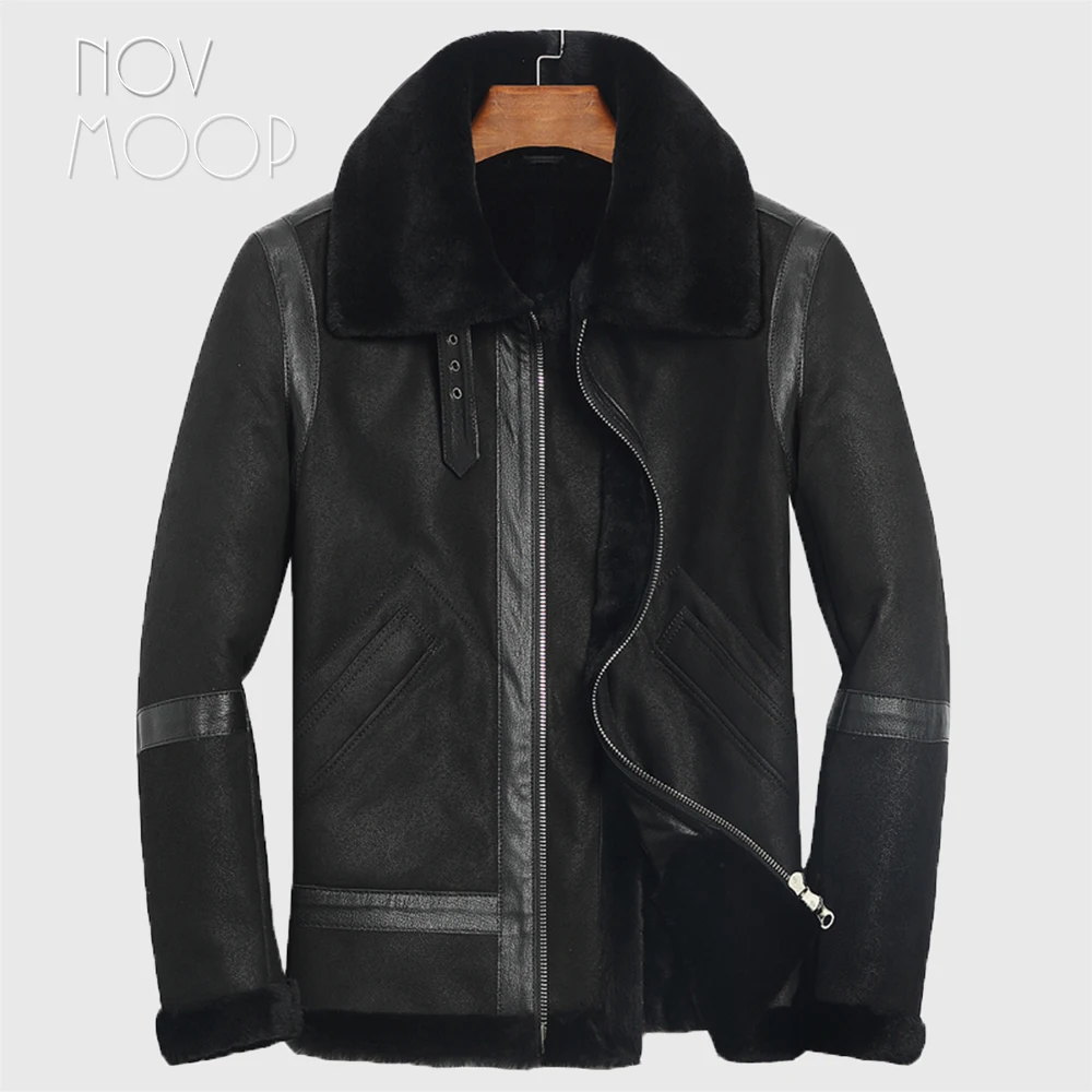 Winter warm men black genuine leather real lambskin