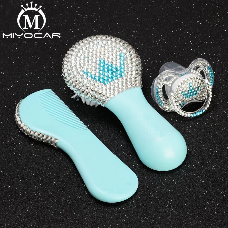 MIYOCAR Bling Bling blue beautiful set of good quality baby comb and bling blue white crown pacifier for baby shower gift MIYOCAR Bling Bling blue beautiful set of good quality baby comb and bling blue white crown pacifier for baby shower gift