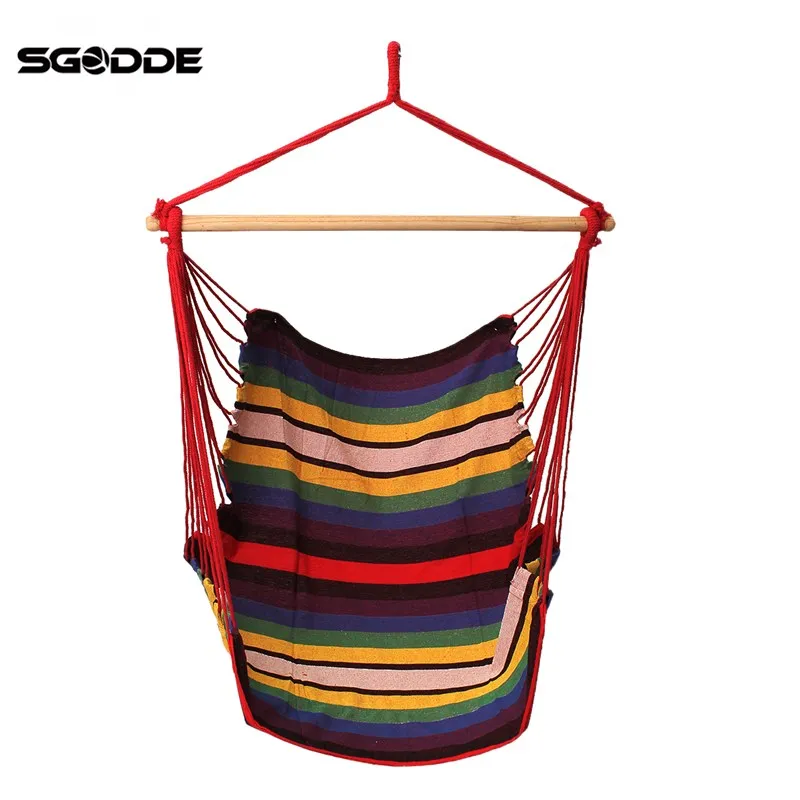 SGODDE Garden Patio Porch Hanging Cotton Rope Swing Chair Seat Hammock Swinging Wood Outdoor Indoor Swing