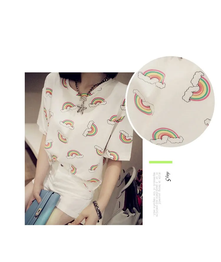 

ECTTC Rainbow Print Cotton T Shirt Women T-Shirt Short Sleeve Tumblr Tee Top Plus Size Dropshipping