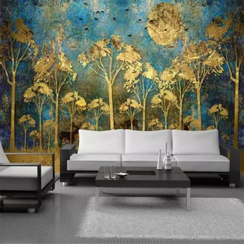 

Golden Forest Birds TV Background Wall Professional Fabrication Mural, Wallpaper Wholesale, Custom Poster Photo Wall