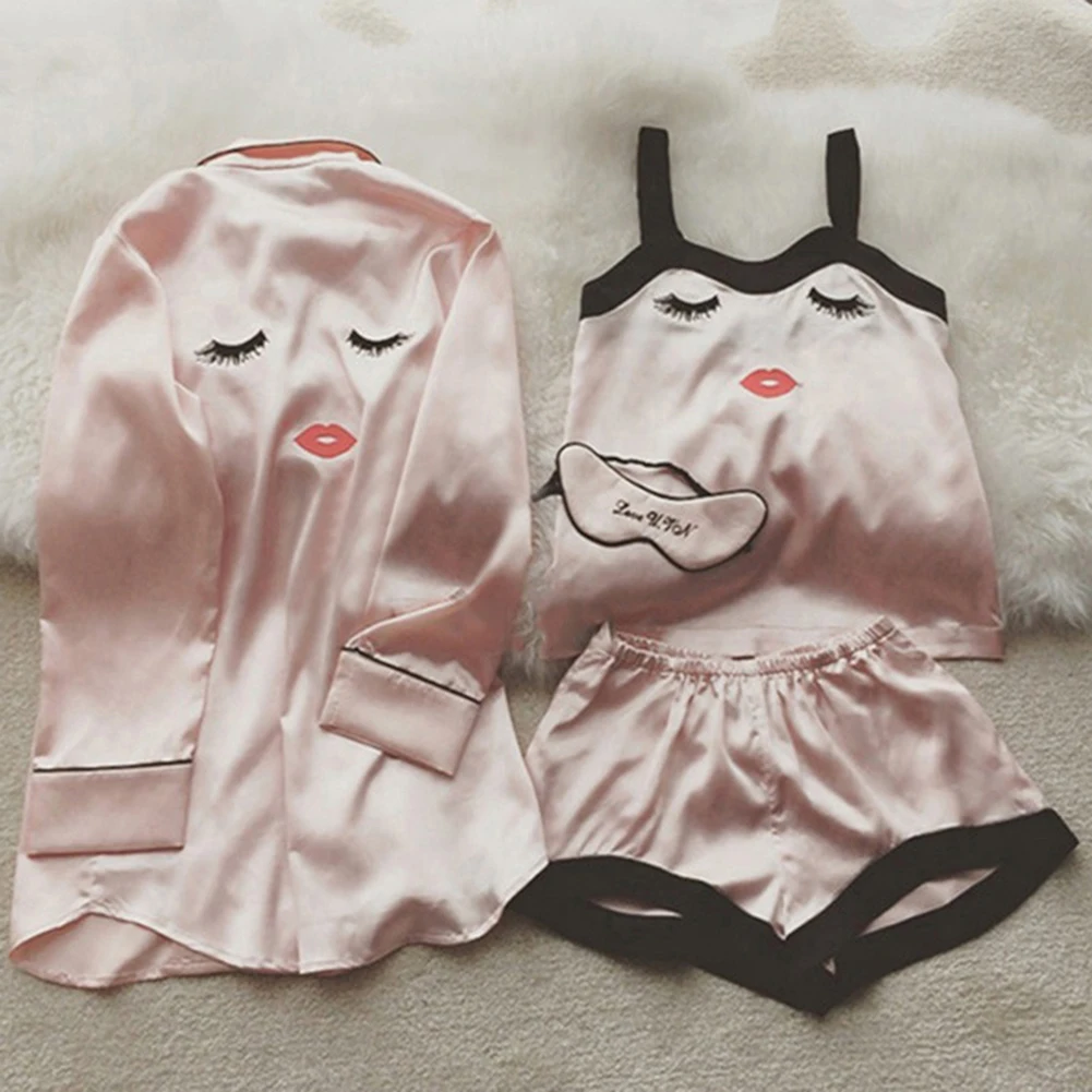 

4 Pieces Women Summer Pajamas Top Shorts Robe Eye Mask Sleepwear Clothing Set