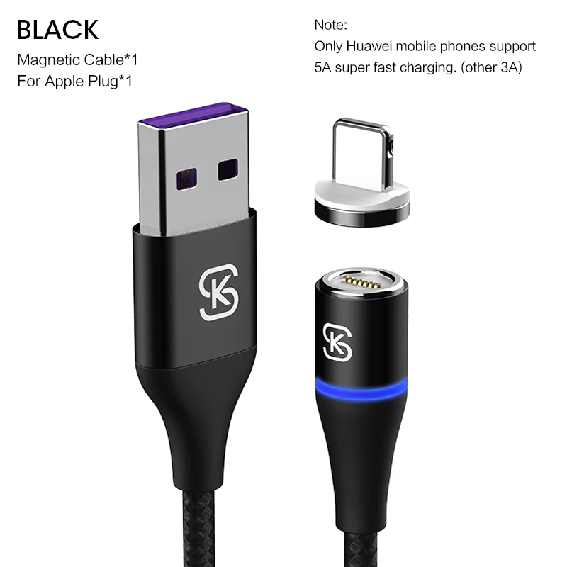 SIKAI 5A светодиодный магнитный кабель H Micro usb type-C для iPhone samsung huawei xiaomi oneplus 6 Магнитная Быстрая зарядка - Цвет: black for apple