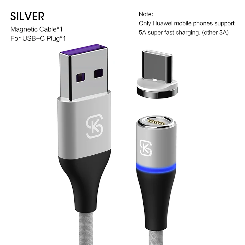 SIKAI 5A светодиодный магнитный кабель H Micro usb type-C для iPhone samsung huawei xiaomi oneplus 6 Магнитная Быстрая зарядка - Цвет: silver for usb-c