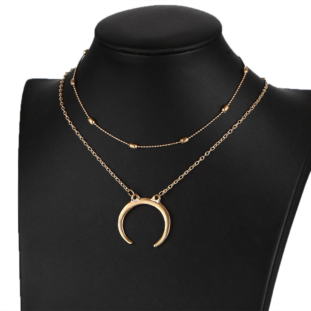 Fashion Women Lady Moon Pendant Double Layers Chain Choker Necklace