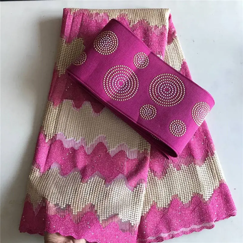 

Fuchsia Color French Lace With Aso Oke New French Tulle Laces With Aso Headtie High Quality African Nigeria Fabric 30