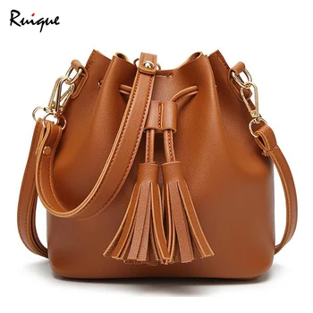 

Ruique Women Fashion Bucket Shape Shoulder Bag Female Simple Casual Crossbody Bag PU Leather Girls Tassel Pendant Messenger Bag