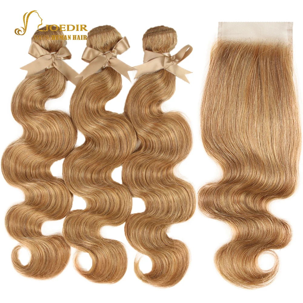 

Joedir Hair Color 27/30 Light Brown Brazilian Body Wave Bundles With Closure Remy Human Hair Bundles With Closure Honey Blonde