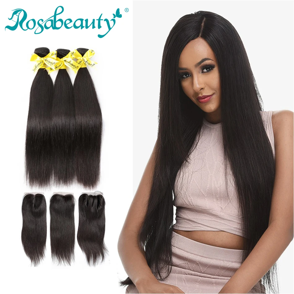 

Rosabeauty 3 4 Bundles Straight Hair With Closure 8- 30 Inch Natural Color Brazilian Remy Human Hair Weave With Closure Frontal