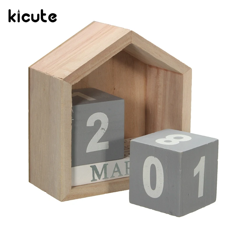 Kicute Fresh Design House Shape Perpetual Calendar Wood Desk Wooden Block Home Office Supplies Decoration Artcraft