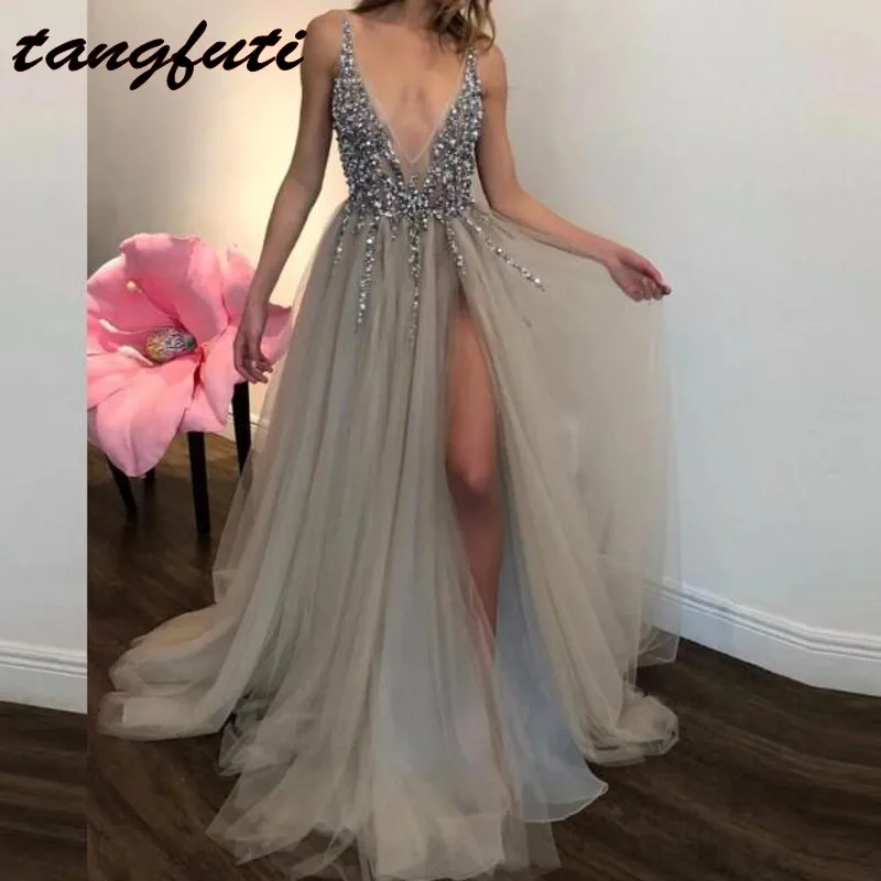 

Deep V-Neck Long Evening Dresses Party Wear A Line Tulle Side Split Pleat Evening Party Prom Gowns Formal Dress abendkleider