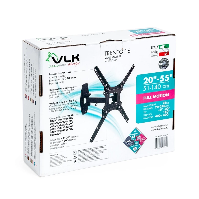 ТВ Кронштейн VLK TRENTO-16 ( 20 -55 дюймов, нагрузку 25 кг, наклон +5° -20° ,  180°, прост в установке)