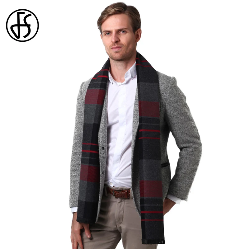 

FS Soft Tartan Striped Scarf Men Winter Luxury Brand Cashmere Warm Scarfs Wool Vintage Black Blue Purple Foulard Male Scarves