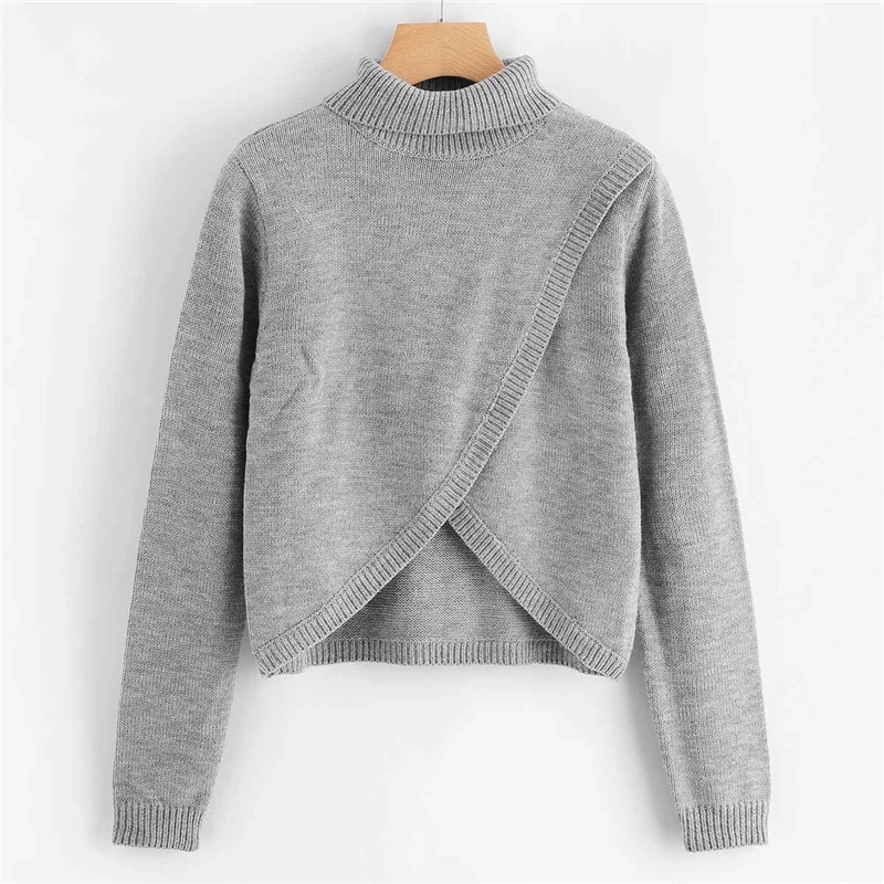 COLROVIE серый асимметричный сексуальный вязаный свитер с высоким горлом, Женский Осенний пуловер, зимний джемпер, свитера, женская одежда